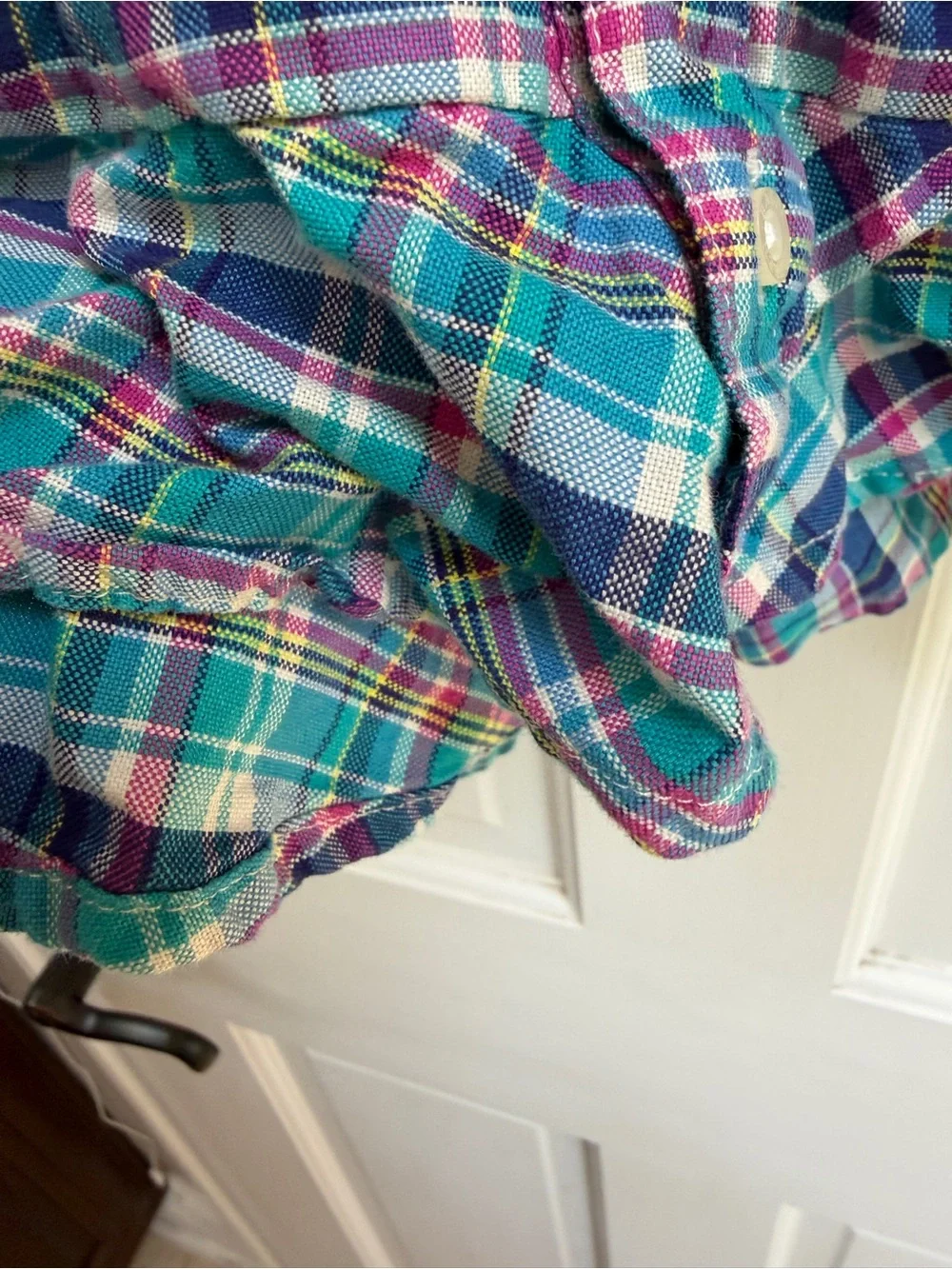 Ralph Lauren Girl 5 Blue Pink Plaid Ruffle Button Down Formal Short Sleeve Shirt